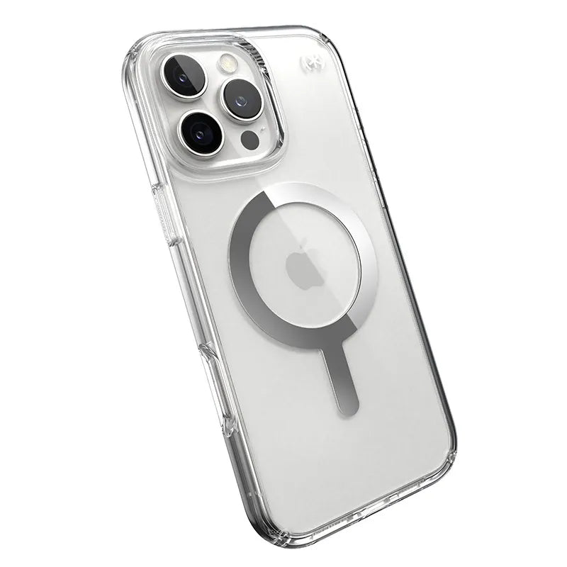 Speck Presidio Perfect-Clear MagSafe - iPhone 16 Pro Max dėklas (Skaidrus / Chromuota apdaila / Serene Silver)