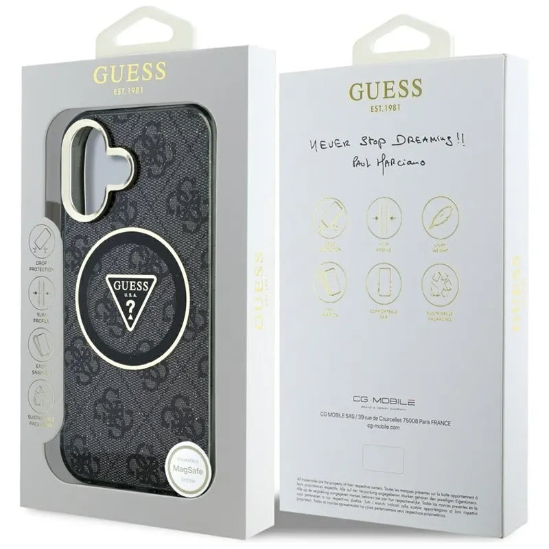 Guess IML Metal Glitter 4G Circle Triangle MagSafe – dėklas iPhone 16 (juodas)