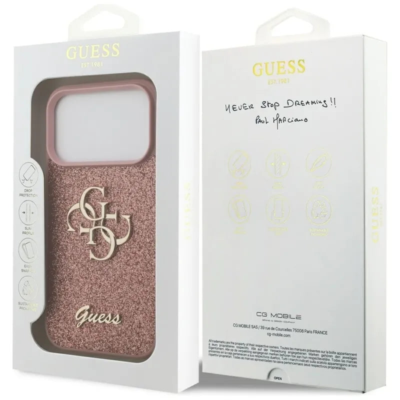 Guess Fixed Glitter Big 4G - Dėklas iPhone 17 Pro (rožinis)