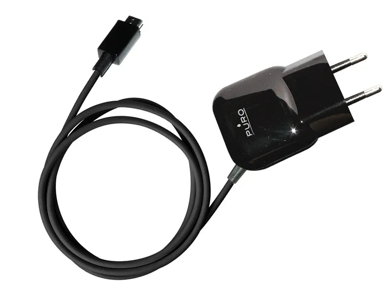 PURO mini kelioninis įkroviklis – nešiojamasis sieninis įkroviklis su „Micro USB“ kabeliu (juodas)