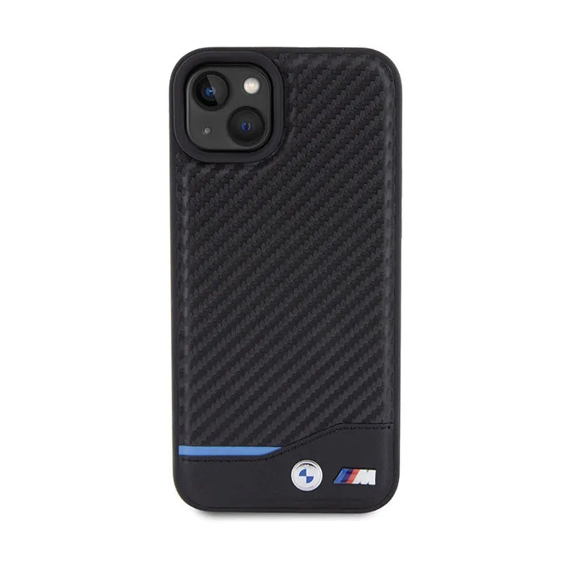BMW Leather Carbon Blue Line – dėklas iPhone 15 Plus (juodas)