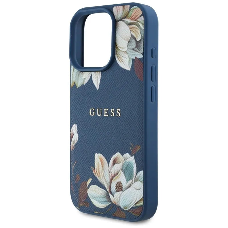 Guess Grained Printed Flower Pattern MagSafe – dėklas iPhone 16 Pro (mėlynas)