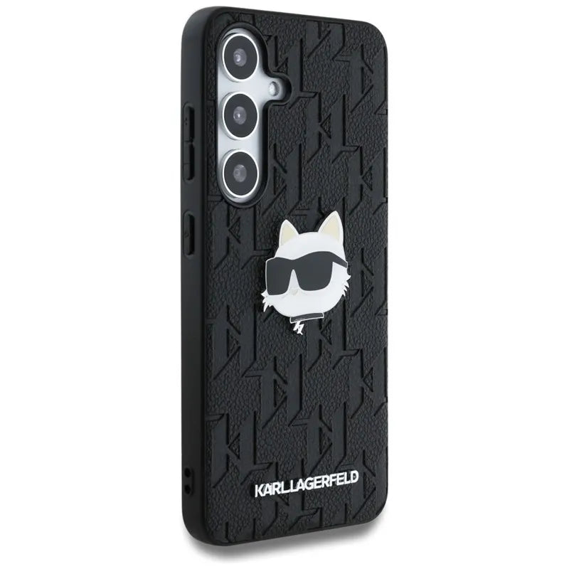 Karl Lagerfeld „Leather Monogram Pin Logo Choupette Head“ dėklas, skirtas Samsung Galaxy S25+ (juodas)