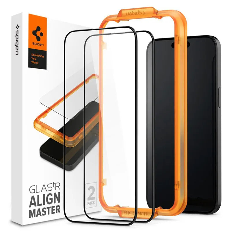 Spigen Alm Glass FC 2-Pack – Grūdintas stiklas, skirtas iPhone 15, 2 vnt. (juodas rėmelis)