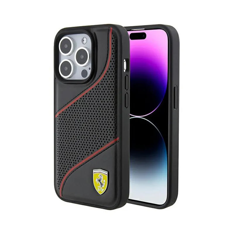 Ferrari Perforated Waves Metal Logo - Dėklas, skirtas iPhone 15 Pro (juodas)
