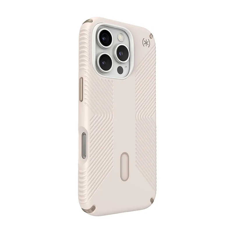 Speck Presidio2 Grip ClickLock & MagSafe – dėklas iPhone 16 Pro (smėlio spalva / auksinė / lazdyno riešuto ruda)