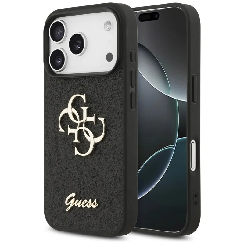 Guess Fixed Glitter Big 4G - Dėklas iPhone 17 Pro (juodas)