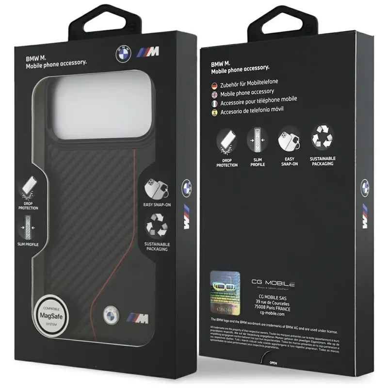 BMW M Carbon Line & Logo MagSafe dėklas – iPhone 17 Pro Max (raudonas)