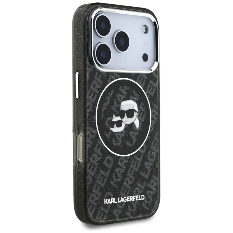 Karl Lagerfeld IML Glitter Karl & Choupette Heads Logo MagSafe – dėklas iPhone 17 Pro (juodas)