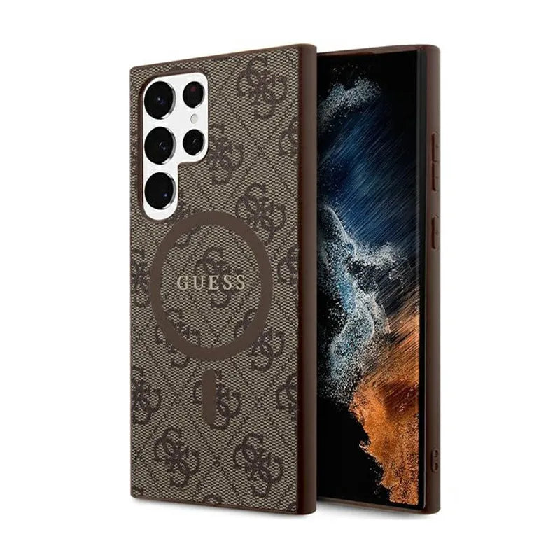 Guess 4G Collection Leather Metal Logo MagSafe – dėklas Samsung Galaxy S24 Ultra (rudos spalvos)