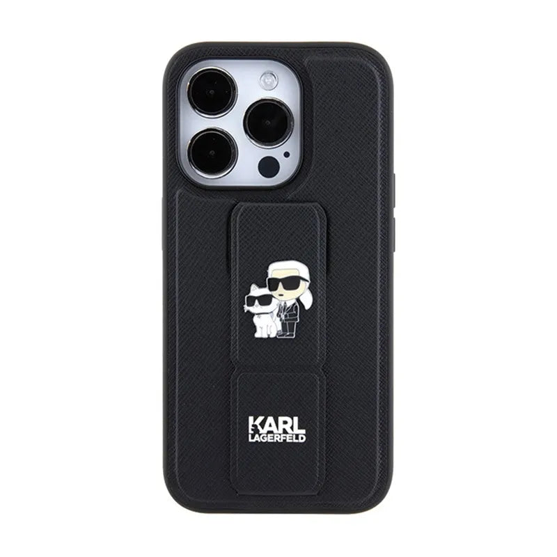 Karl Lagerfeld Gripstand Saffiano Karl & Choupette Pins dėklas, skirtas iPhone 15 Pro (juodas)