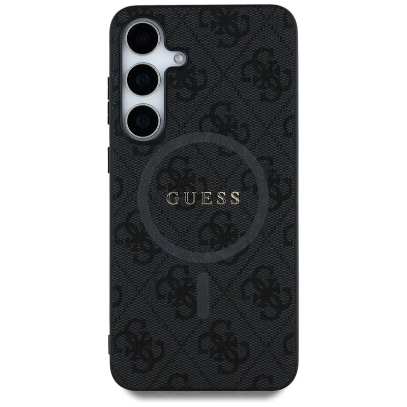Guess Leather 4G Colored Ring Classic Logo MagSafe – dėklas Samsung Galaxy S25+ (juodas)