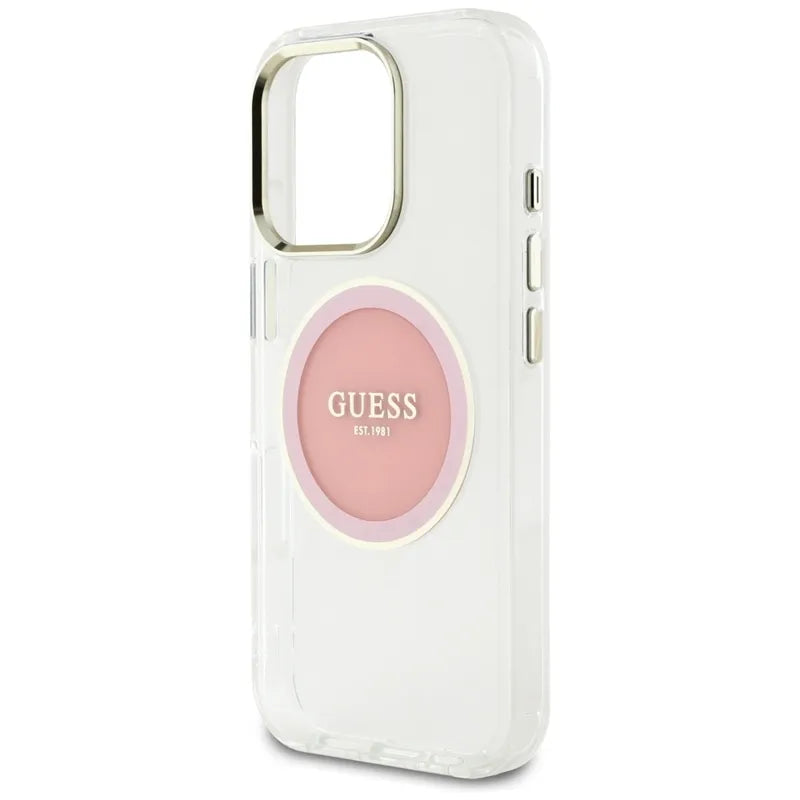 Guess IML Metal Colored Circle Classic Logo MagSafe – dėklas iPhone 16 Pro (rožinis)