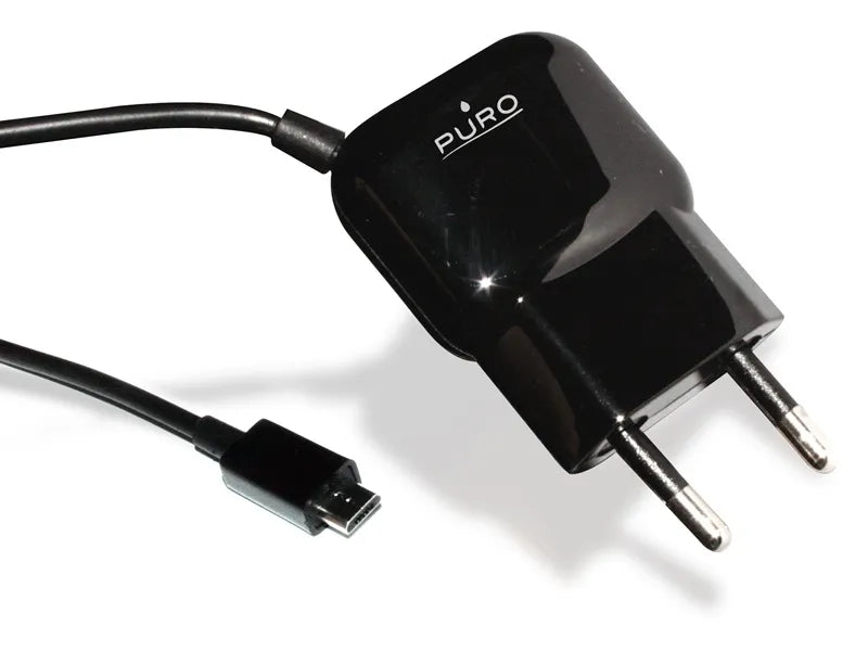 PURO mini kelioninis įkroviklis – nešiojamasis sieninis įkroviklis su „Micro USB“ kabeliu (juodas)