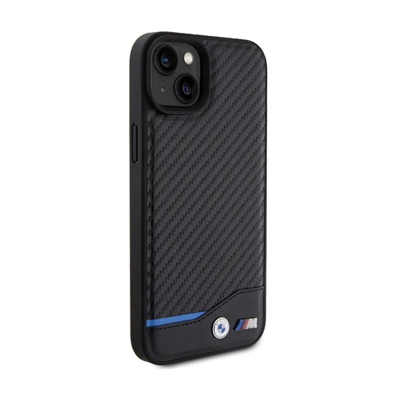 BMW Leather Carbon Blue Line – dėklas iPhone 15 Plus (juodas)