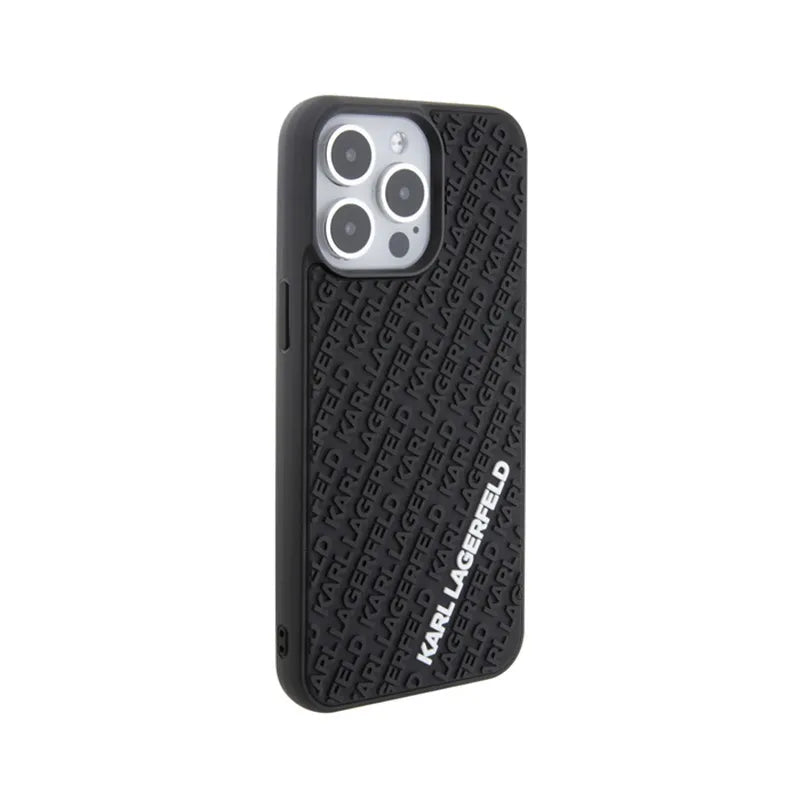 Karl Lagerfeld 3D Rubber Multi Logo dėklas iPhone 15 Pro Max telefonui (juodas)