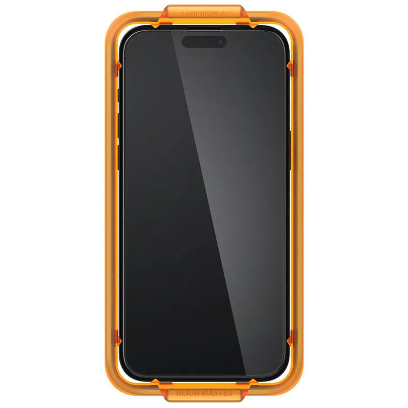 Spigen Alm Glass FC 2-Pack – Grūdintas stiklas, skirtas iPhone 15, 2 vnt. (juodas rėmelis)