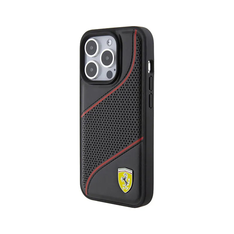 Ferrari Perforated Waves Metal Logo - Dėklas, skirtas iPhone 15 Pro (juodas)