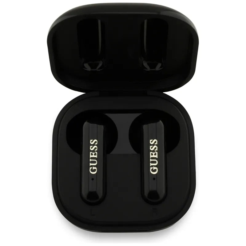 Guess 4G Metal Logo – TWS Bluetooth ausinės + įkrovimo dėklas (juodos)