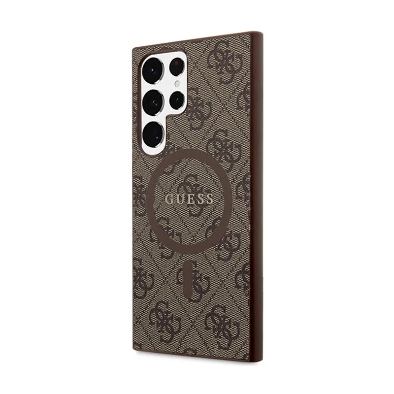 Guess 4G Collection Leather Metal Logo MagSafe – dėklas Samsung Galaxy S24 Ultra (rudos spalvos)