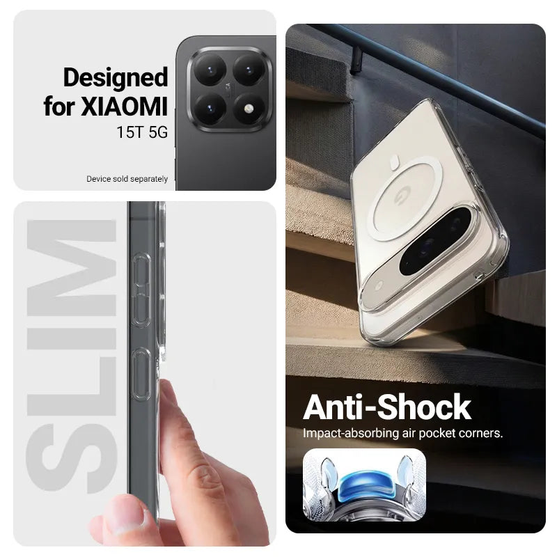 Crong Hybrid Clear Magnetic – Xiaomi 15T MagSafe dėklas (skaidrus)