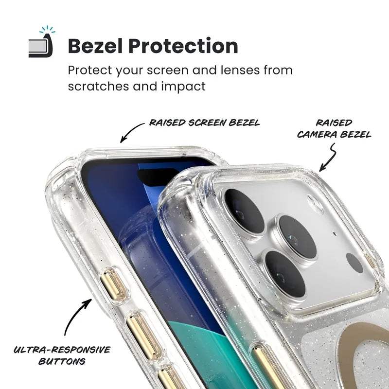 Speck Presidio Lux MagSafe – dėklas iPhone 17 Pro (Blizgučiai / Auksinė metalo spalva)