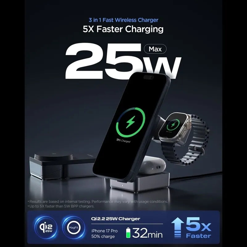 Spigen EF323MQ Essential – MagSafe 3 viename belaidis įkroviklis, skirtas iPhone, AirPods ir Apple Watch 25W Qi 2.2 (juodas)