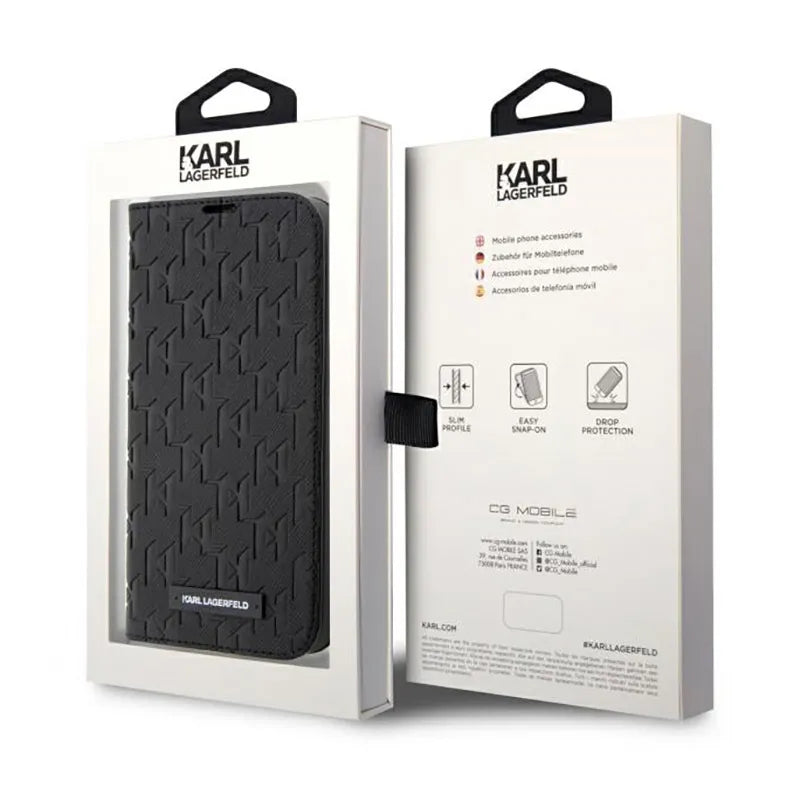 Karl Lagerfeld Booktype Saffiano Monogram – dėklas iPhone 14 Pro (juodas)