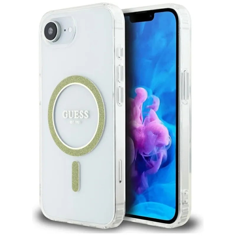 Guess IML Glitter Circle MagSafe – dėklas, skirtas iPhone 16e (skaidrus)
