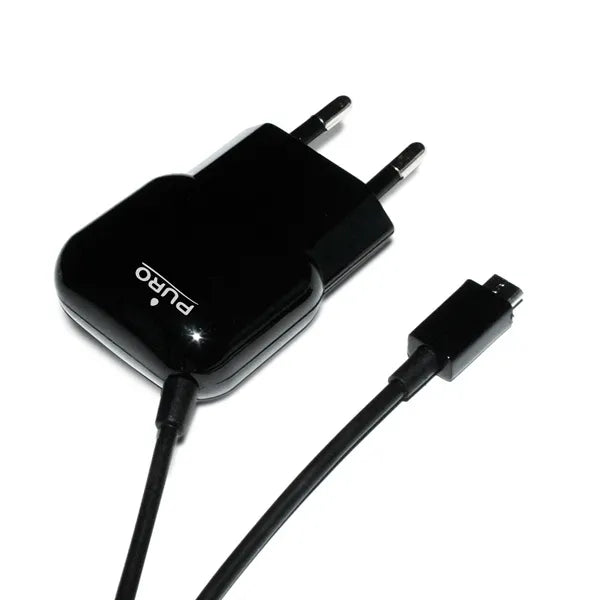PURO mini kelioninis įkroviklis – nešiojamasis sieninis įkroviklis su „Micro USB“ kabeliu (juodas)