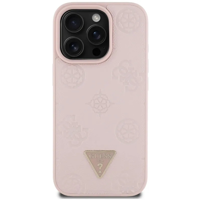 Guess Grained Hot Stamp Peony Triangle Logo MagSafe – Dėklas iPhone 16 Pro (rožinis)