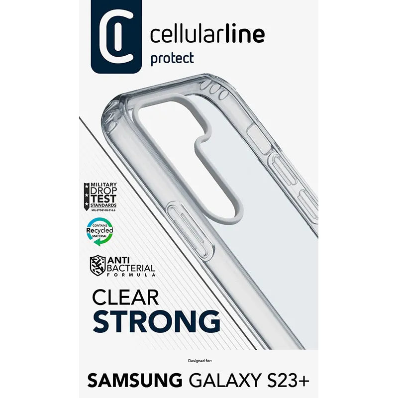 Cellularline Clear Strong – Samsung Galaxy S23+ dėklas su antibakterine apsauga (skaidrus)