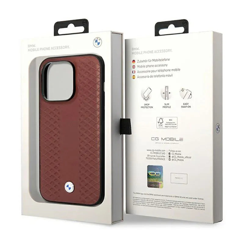 BMW Leather Diamond Pattern MagSafe – Dėklas, skirtas iPhone 14 Pro (bordo)