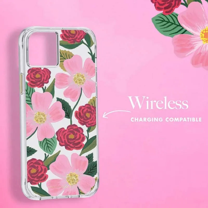 Rifle Paper Clear – auksu dekoruotas dėklas, skirtas iPhone 14 Plus (Rose Garden)