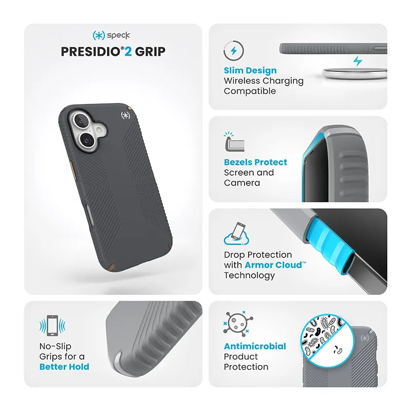 Speck Presidio2 Grip – dėklas iPhone 16 telefonui (Charcoal Gray / Cool Bronze / White)