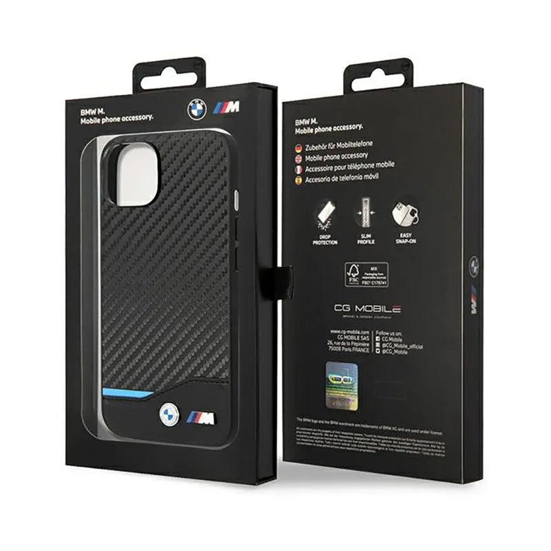 BMW Leather Carbon Blue Line – Dėklas, skirtas iPhone 14 (juodas)