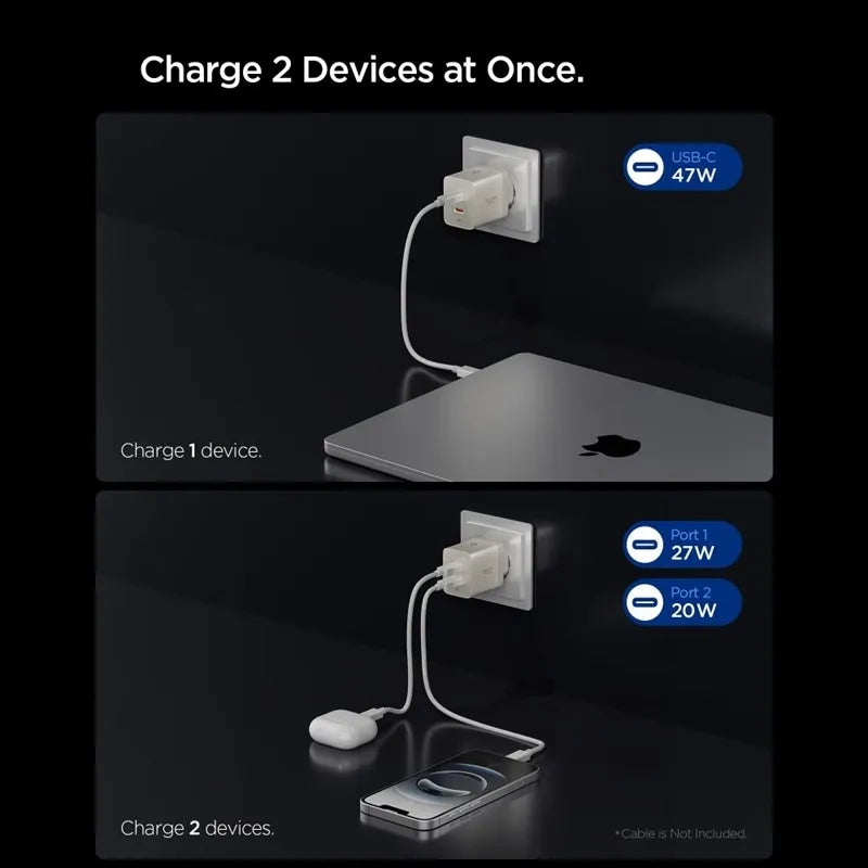 Spigen Essential EE472EU GaN – 2x USB-C PD PPS 47W sieninis įkroviklis (natūralaus titano spalvos)