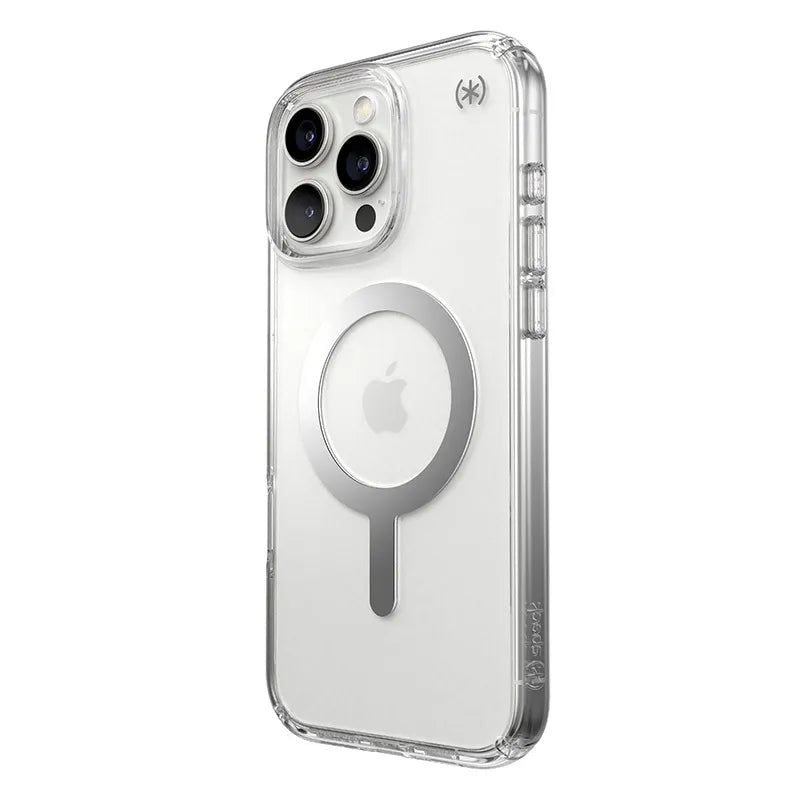 Speck Presidio Perfect-Clear MagSafe - iPhone 16 Pro Max dėklas (Skaidrus / Chromuota apdaila / Serene Silver)