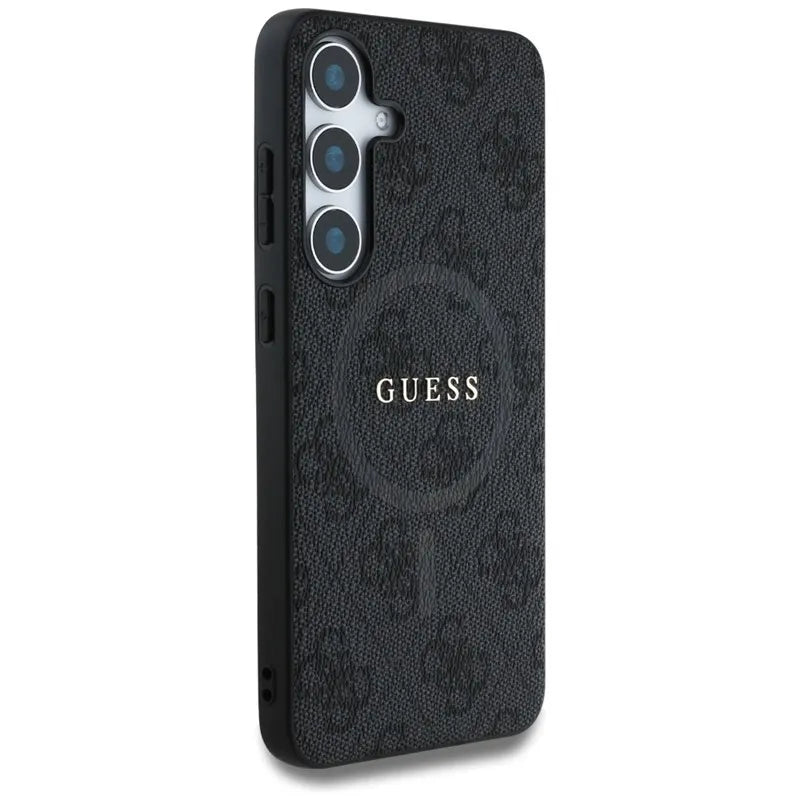 Guess Leather 4G Colored Ring Classic Logo MagSafe – dėklas Samsung Galaxy S25+ (juodas)