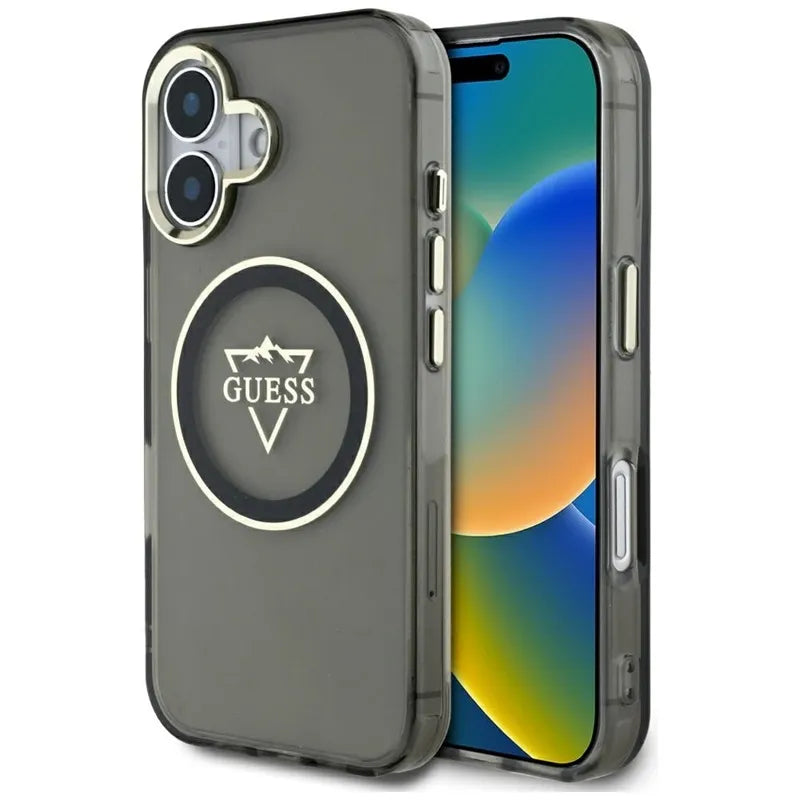 Guess IML Metal Mountain Logo MagSafe – Dėklas skirtas iPhone 16 (juodas)