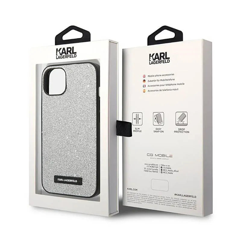 Karl Lagerfeld Glitter Plaque Logo – dėklas iPhone 14 Plus (sidabrinis)