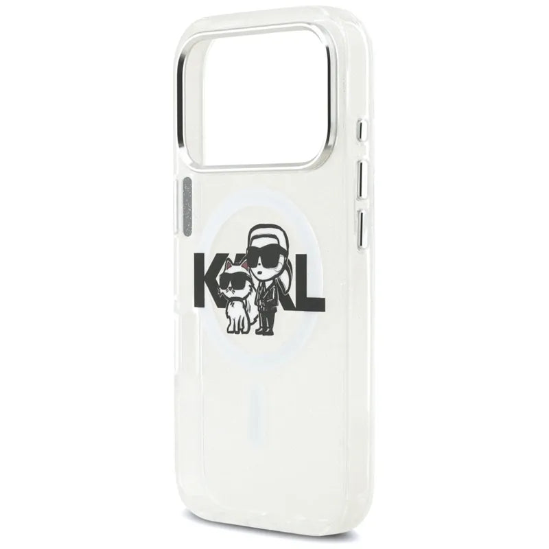 Karl Lagerfeld IML Glitter Karl & Choupette Sketch Logo MagSafe – Dėklas iPhone 17 Pro (skaidrus)
