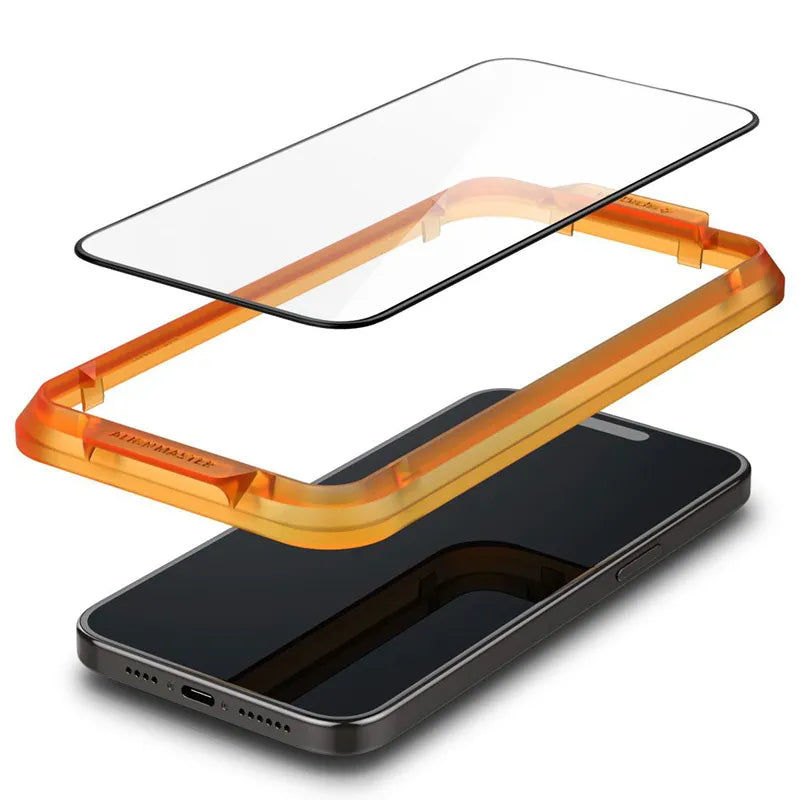 Spigen Alm Glass FC 2-Pack – Grūdintas stiklas, skirtas iPhone 15, 2 vnt. (juodas rėmelis)