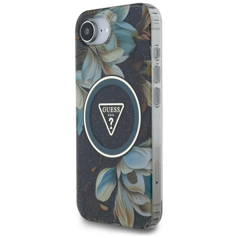 Guess IML Metal Glitter Flowers Triangle MagSafe – dėklas iPhone 16e (juodas)