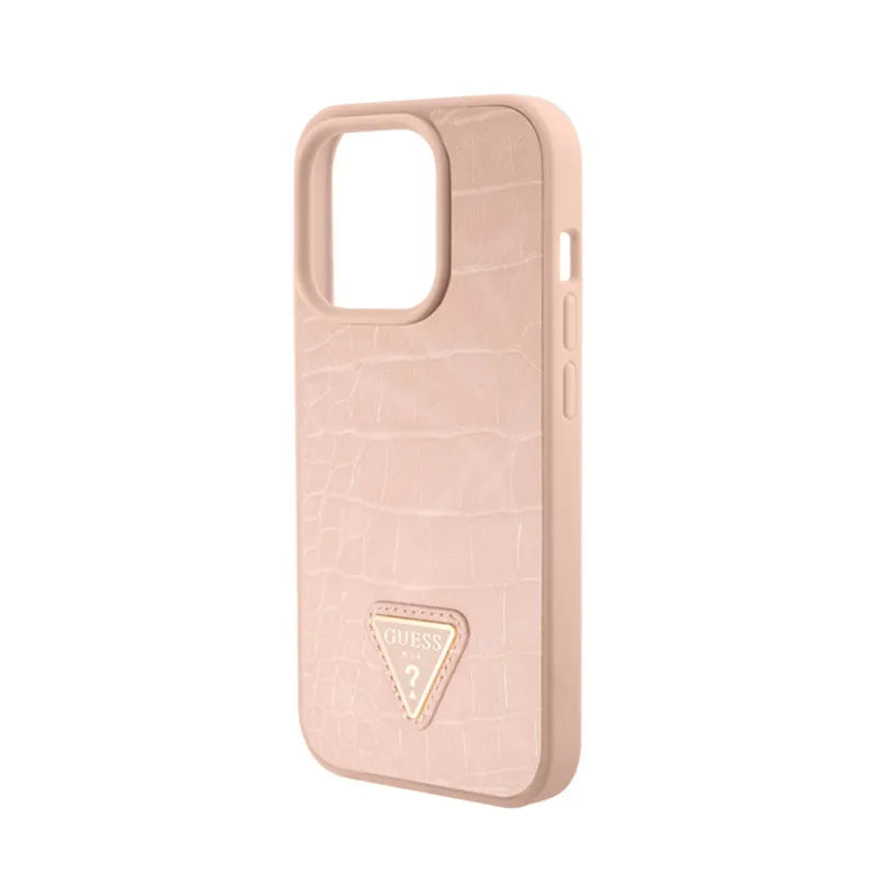 Guess Croco Triangle Metal Logo – dėklas iPhone 15 Pro telefonui (rožinis)