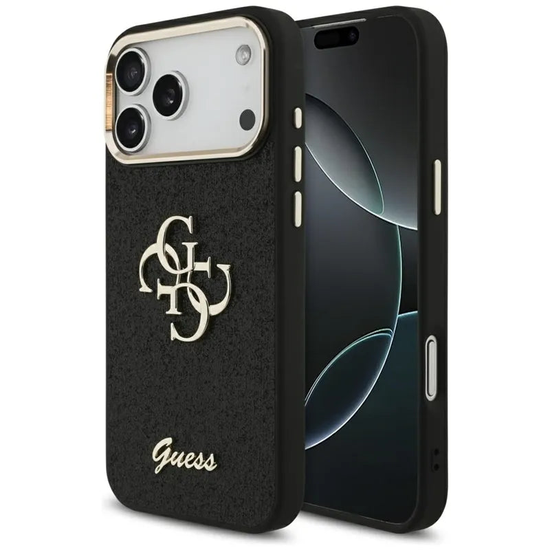 „Guess Fixed Glitter Big 4G Metal Frame“ – dėklas „iPhone 17 Pro Max“ (juodas)