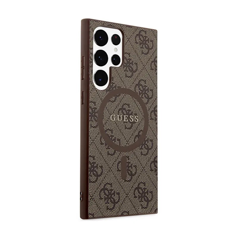 Guess 4G Collection Leather Metal Logo MagSafe – dėklas Samsung Galaxy S24 Ultra (rudos spalvos)