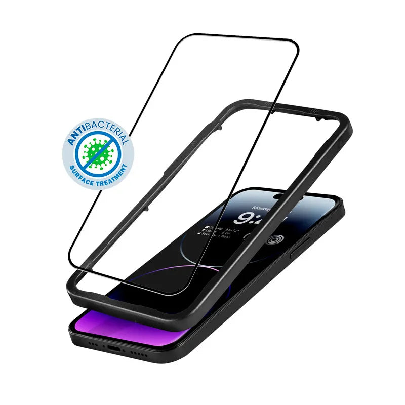 Crong Anti-Bacterial 3D Armor Glass – 9H grūdintas stiklas visam ekranui iPhone 14 Pro Max + montavimo rėmelis