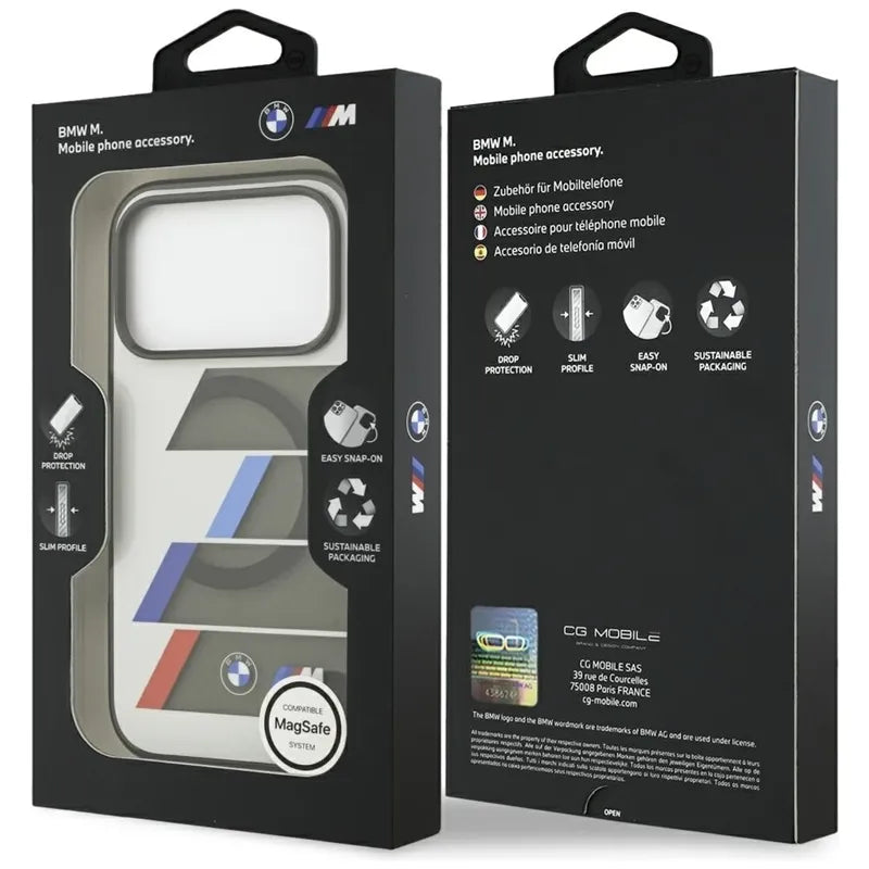 BMW M IML Metal Buttons Tricolor Lines MagSafe – dėklas iPhone 17 Pro Max (antracito spalvos)