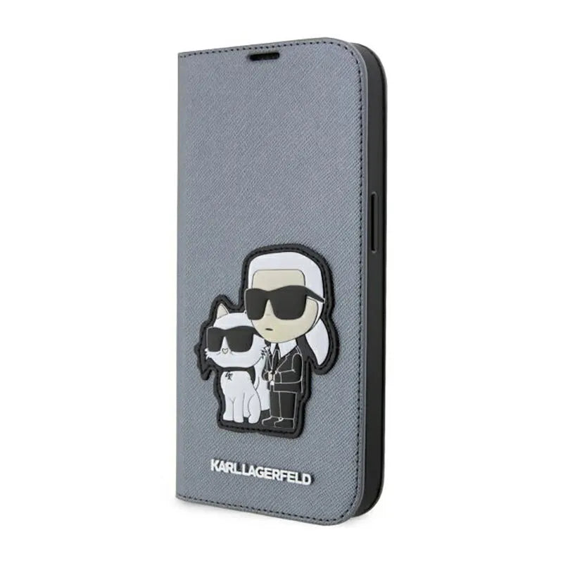 Karl Lagerfeld Booktype NFT Saffiano Karl & Choupette – Dėklas iPhone 14 Pro (sidabrinis)